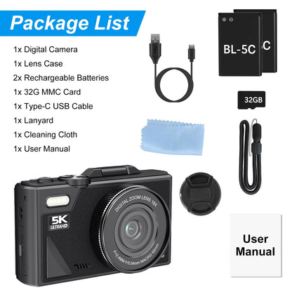 1Pc 5K 75MP Digital Camera For Photography Anti Shake WiFi Vlogging Video Camera With 9 Shooting Modes 18X Zoom Fill Light Webcam Function 2 Batteries 32G MMC Card 180Degree Flip IPS Screen - DropOnline.co