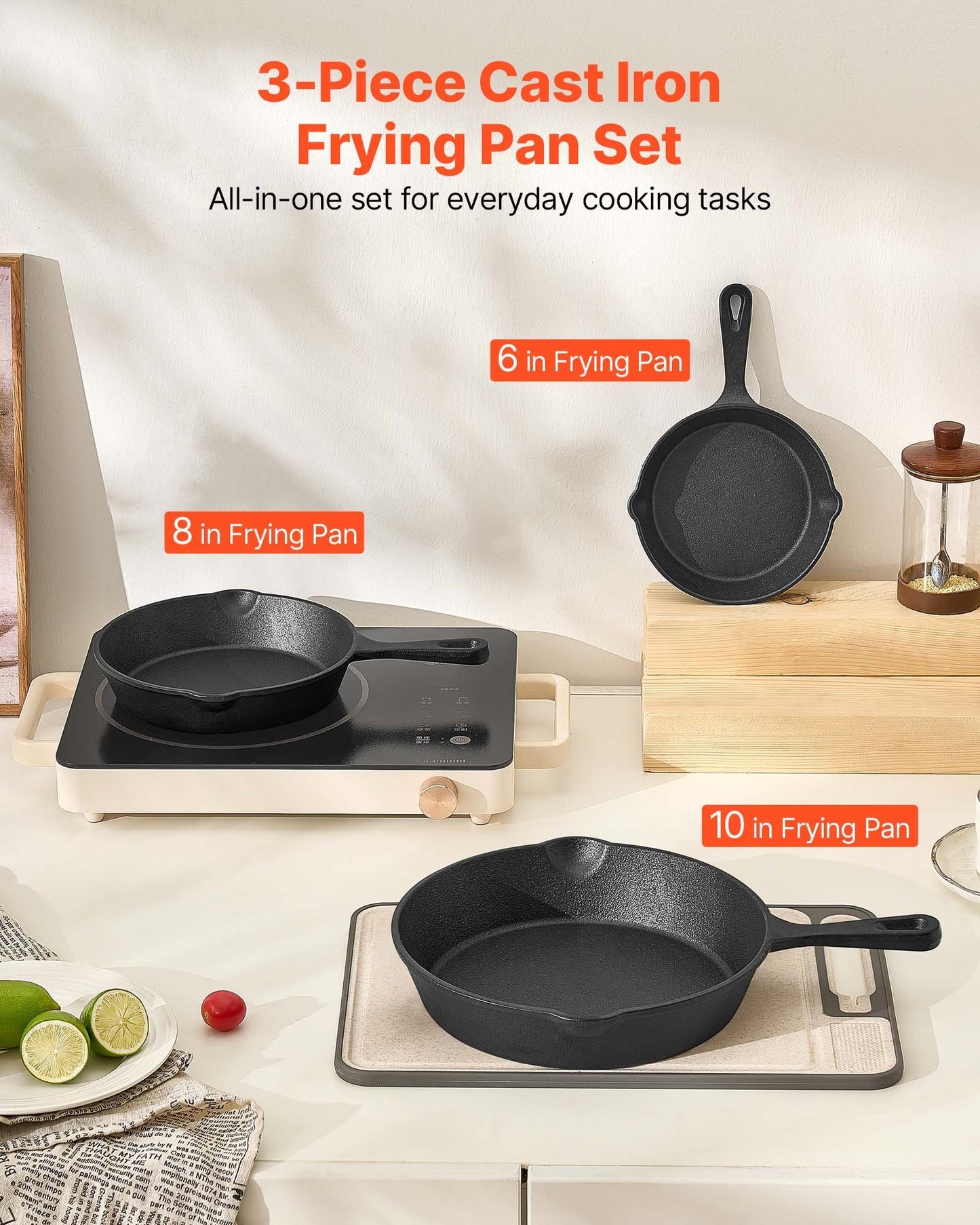 3 Piece Cast Iron Skillet Frying Pan Set 6 8 10 In Handle Pre-Seasoned Black