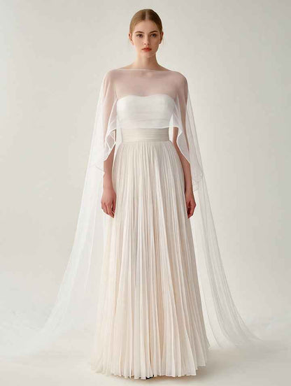 Elegant White Pleated Gown With Sheer Cape Overlay