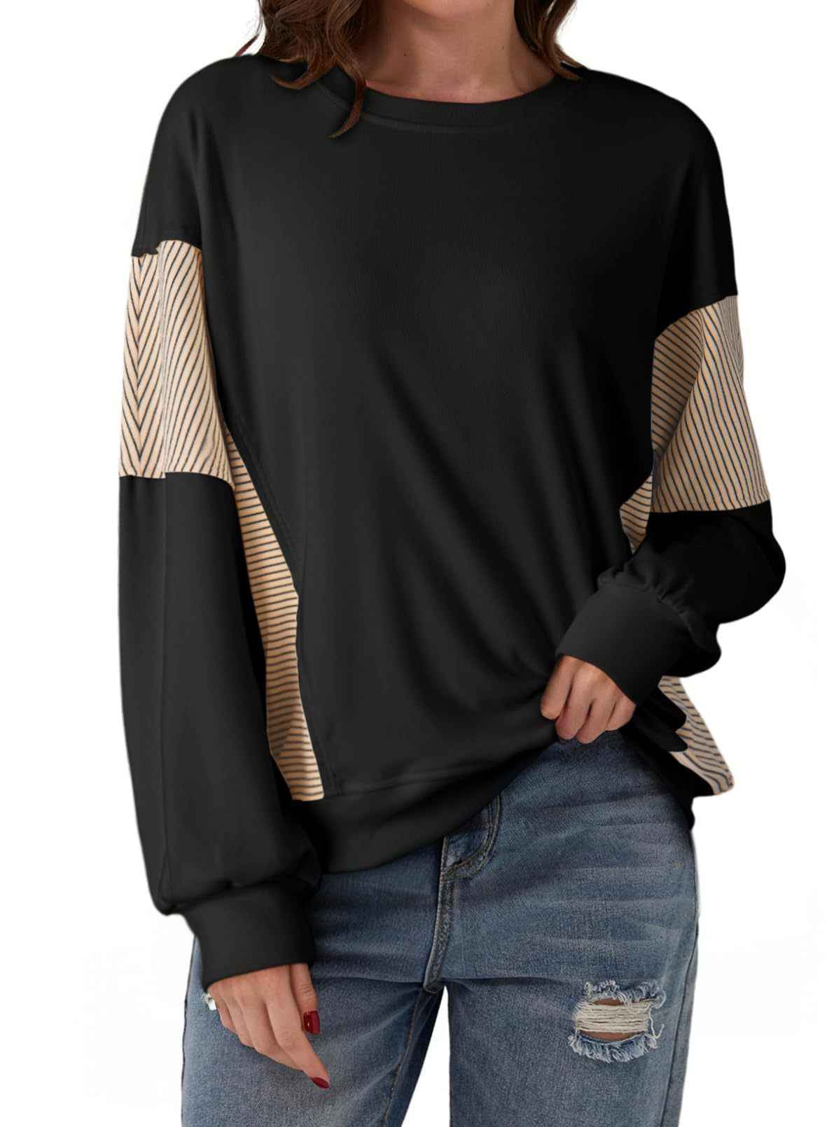 Striped Color-blocked Round Neck Versatile Casual Long-sleeved Sweatshirt