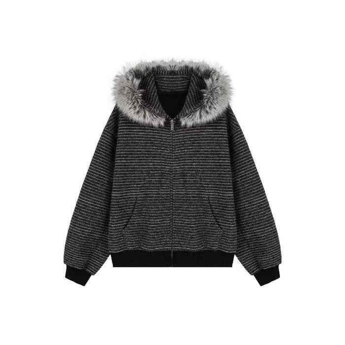 Vintage Fur Collar Couple Hooded Zipper Cardigan Sweater