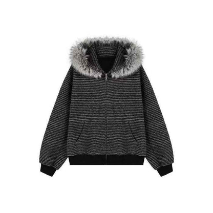 Vintage Fur Collar Couple Hooded Zipper Cardigan Sweater