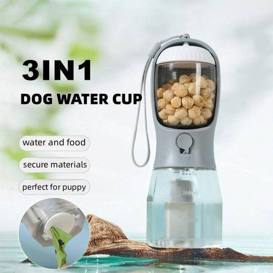 Dog Water Cup 3-in-1 Portable - Drinking Bottle, Food Container & Waste Bag Dispenser for Travel