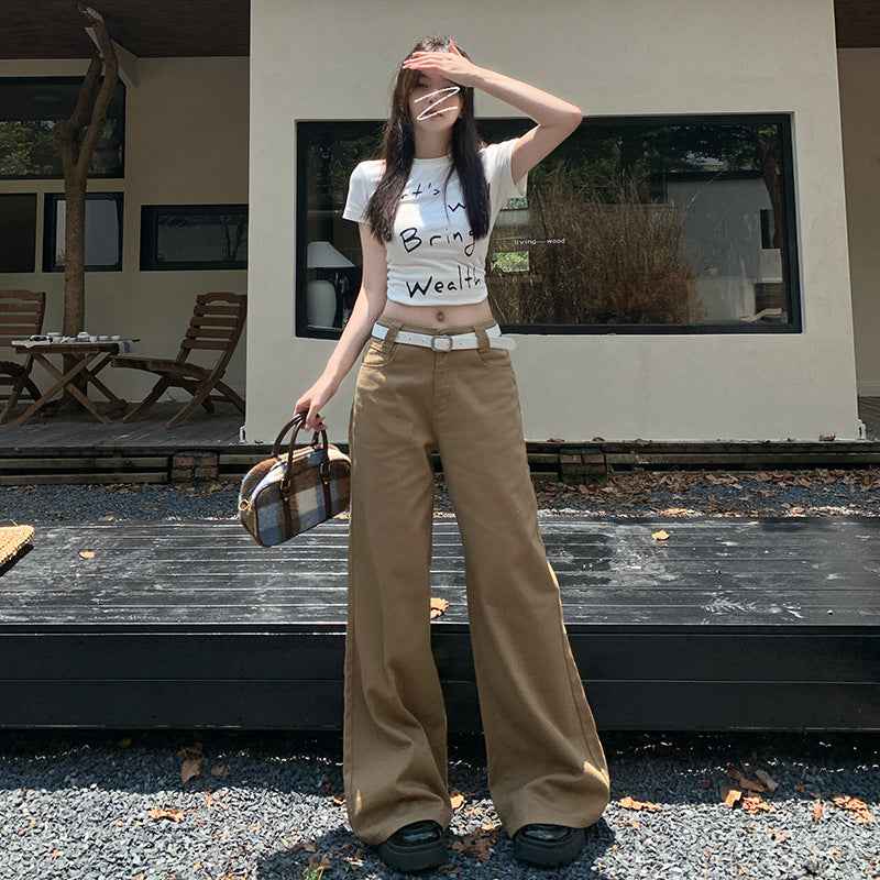 Niche High-end Latte Brown Solid Color Loose Wide-leg Mid-rise Comfortable Floor-dragging Pants