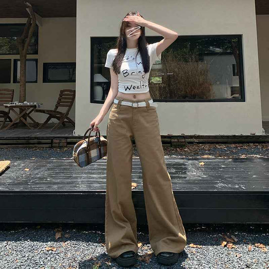 Niche High-end Latte Brown Solid Color Loose Wide-leg Mid-rise Comfortable Floor-dragging Pants