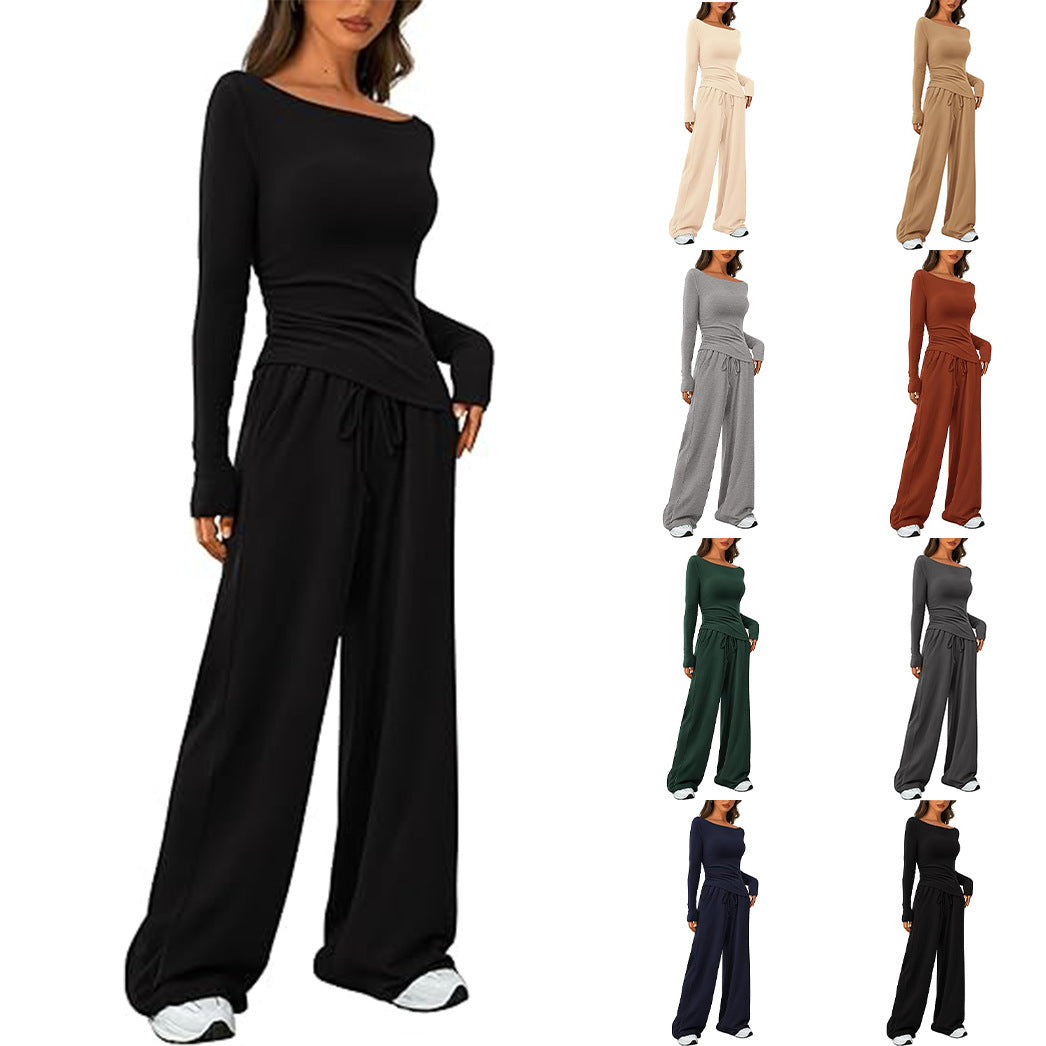 Women's Asymmetric Casual Set - Long Sleeve Top & Wide Leg Pants