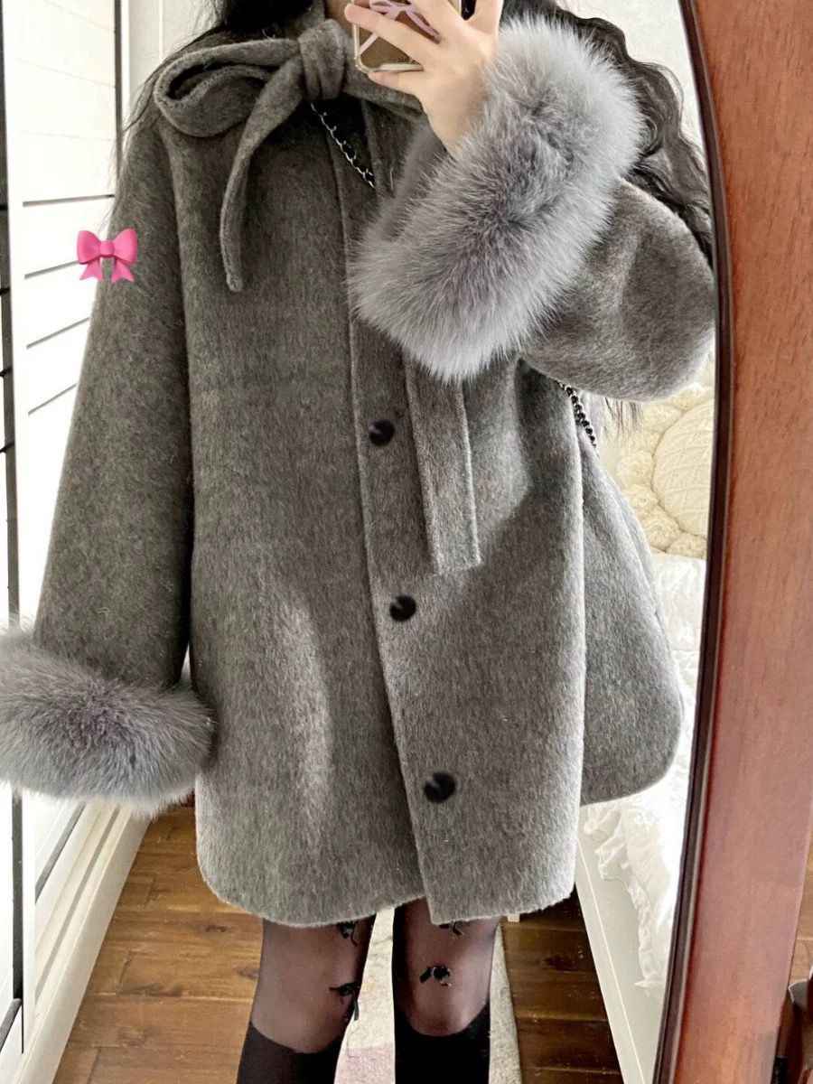 Gray Hepburn Style New Small Bow Coat