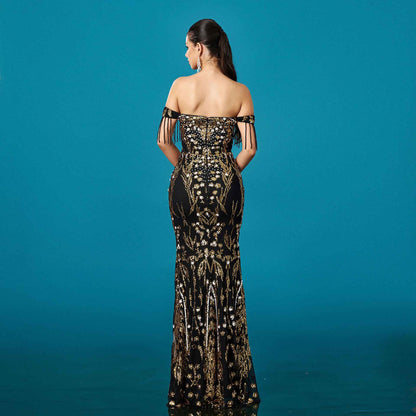 Off-neck Tassel Sequined Fishtail Evening Dress For Banquet