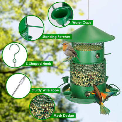 1Pc Wild Bird Feeder Squirrel-Proof Chew-Proof Metal Bird Seed Feeder Outdoor Hanging Bird Feeder With 360 Degree Circular Perches Water Cups For Yard Garden Patio - DropOnline.co
