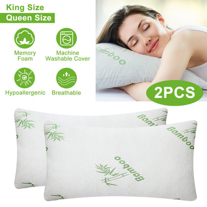 2Pcs Or 1Pcs Bamboo Memory Foam Pillow Hypoallergenic Bed Pillow For Head Neck Rest Sleeping Shredded Pillow Washable Cover Queen Size Pillow - DropOnline.co