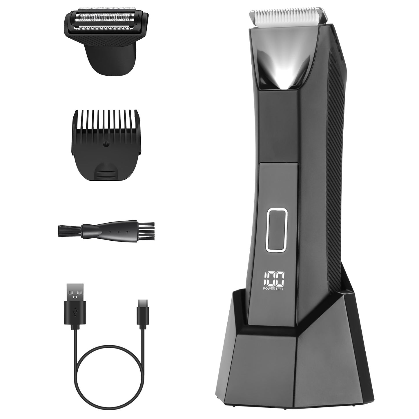 1Pc 2 In 1 Electric Body Trimmer For Men Cordless Beard Groin Ball Pubic Hair Shaver IPX7 Waterproof Razor With LED Light LCD Display Guard Comb Shaving Head