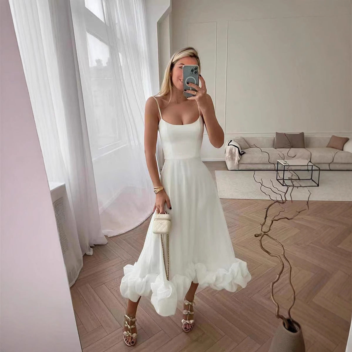 Women's A-Line Halter Dress with 3D Floral Details - Elegant Party Style