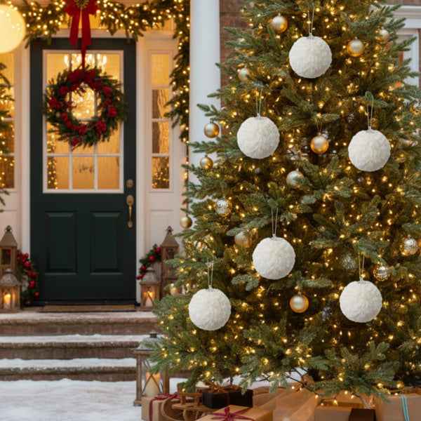 6PCS Cream Ruffle Christmas Ball Ornaments - White Polyester Hanging Tree Decorations (4 inch) - DropOnline.co