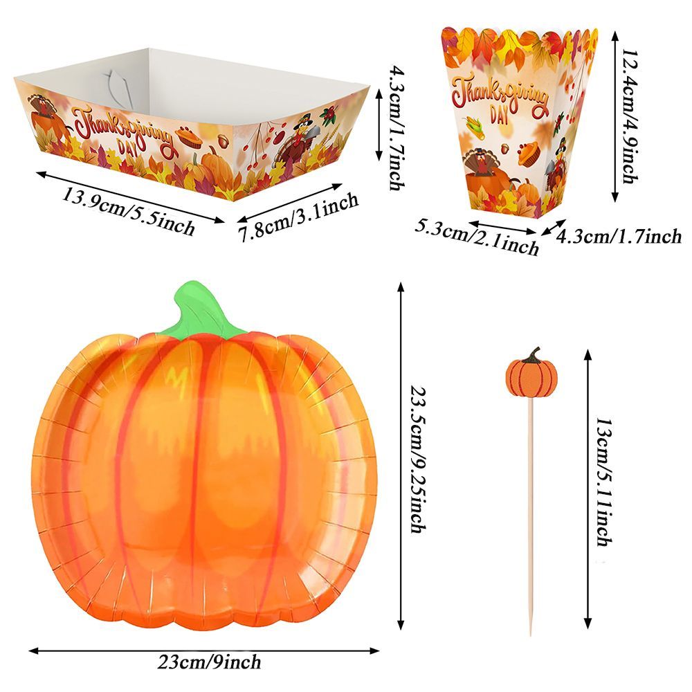 134 Pcs Thanksgiving Party Tableware Set - Pumpkin Plates, Popcorn Boxes & Fall Cocktail Picks
