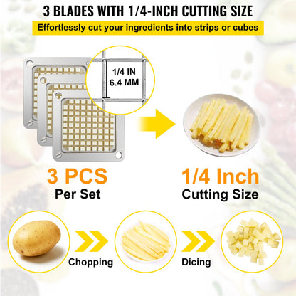 Replacement Chopper Blade, 1/4 Inch, 3 PCS French Fry Blade Assembly With 6 Extra Knives, Stainless Steel Dicer Parts And Push Block For Cutting Potatoes Carrots Onions Cucumbers Mushrooms