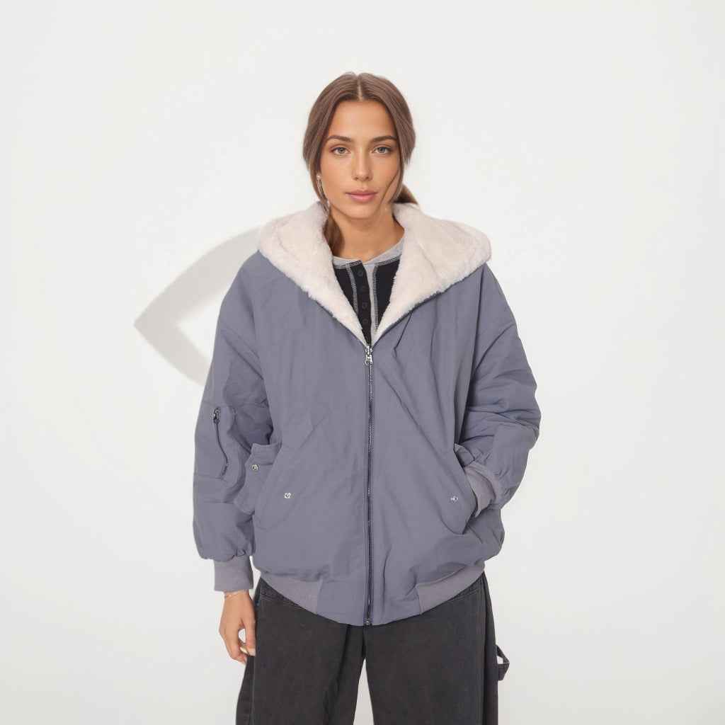 Double-sided Zipper Hooded Pocket Loose Thick Plush Coat