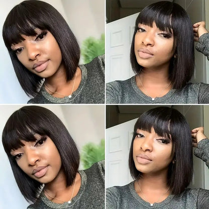 Brazilian Remy Non-toxic Wig, Straight Hair And Short Hair, Black. Human Hair Mechanism, Non-sticky And Non-toxic Wig With Bangs, Suitable For The Whole Scene. - DropOnline.co