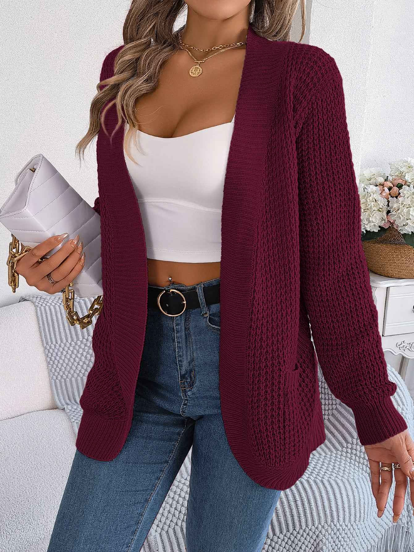 Women Casual Pocket Long Sleeve Knit Cardigan Sweater