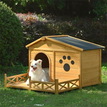 48 Wooden Dog House Outdoor With Porch, Dog Kennel With Water-Resistant Asphalt Roof And Fencing,Indoor & Outdoor Dog Crate With Paw Print, Medium, Nature - DropOnline.co