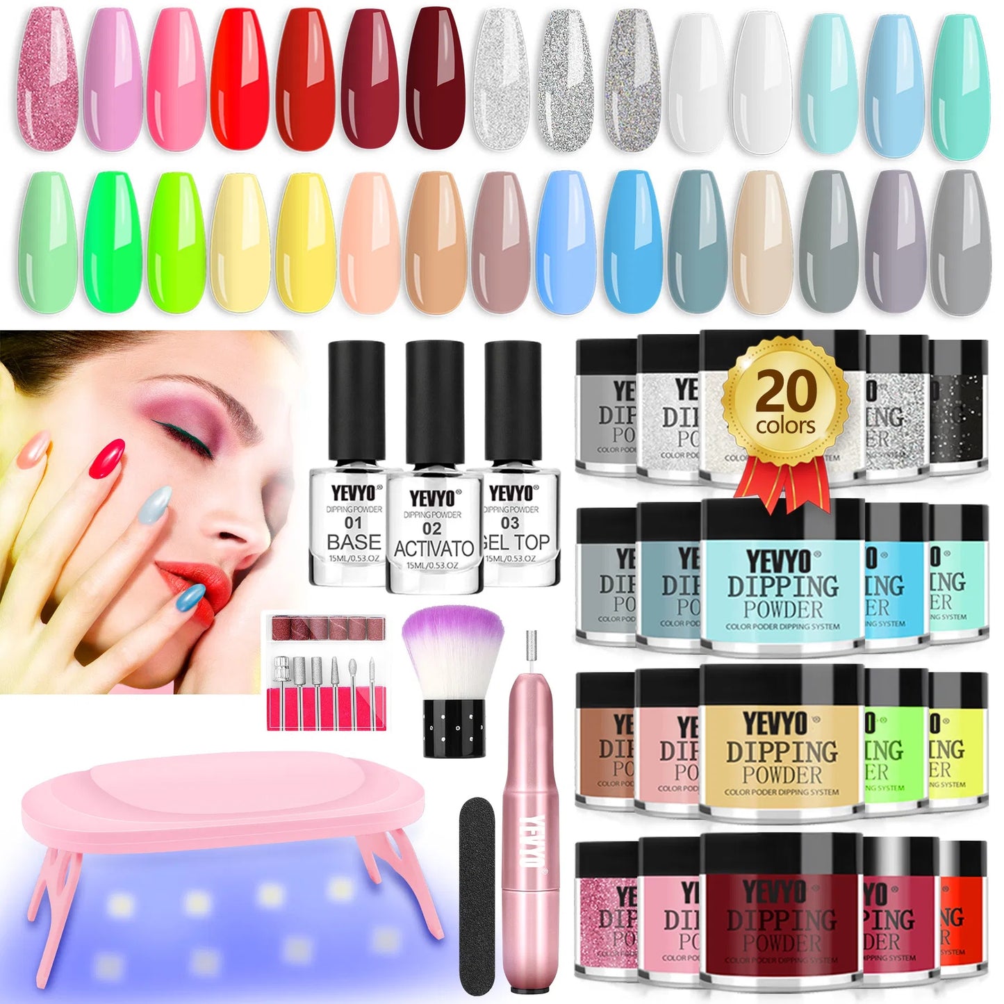 Acrylic Nail Kit Dip Powder Nail Kit Starter With Drill And UV Light, 20 Colors Fast Dry Powder Nail Dipping Kit, With Base & Top Coat Activator Dip Nail Kit For French Nail Art Manicure DIY