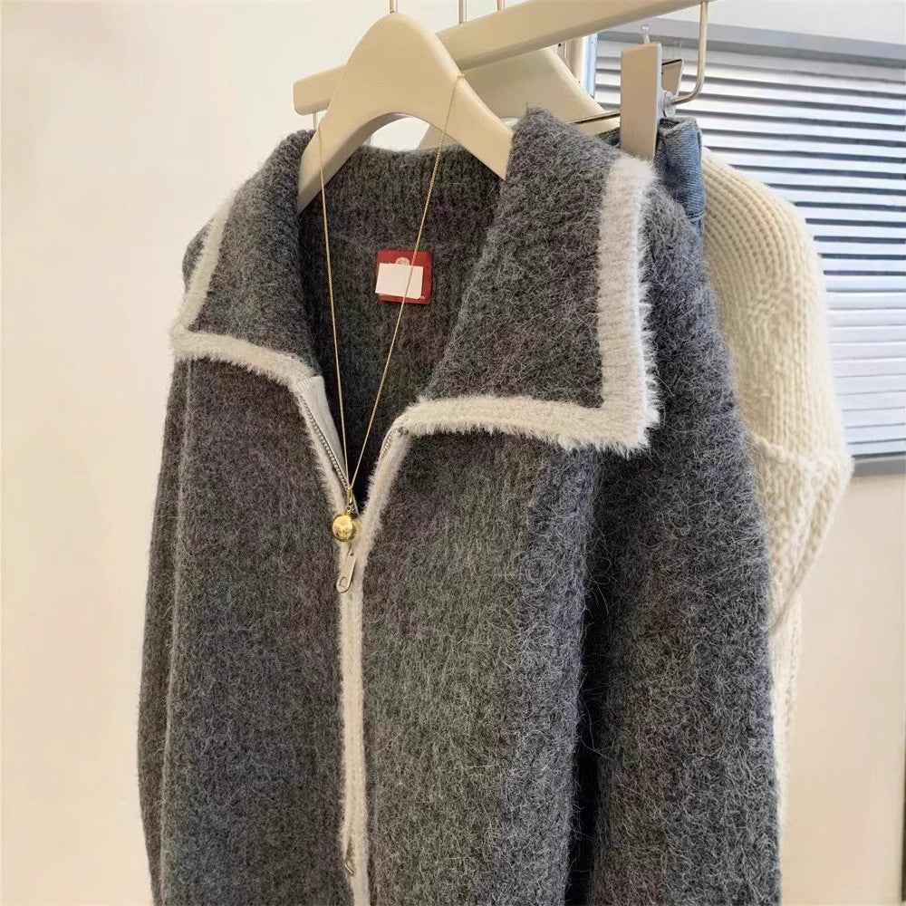 Gray Raccoon Fur Collar Coat Sweater