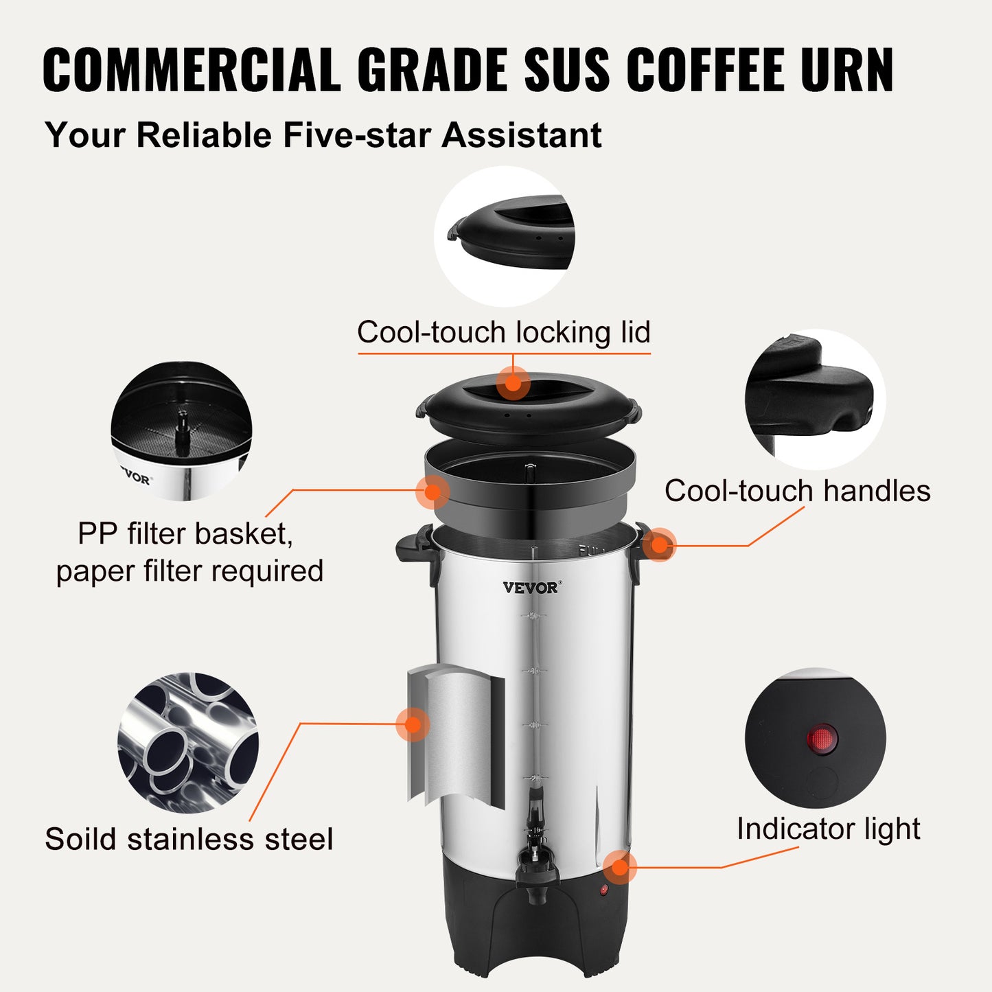 VEVOR Commercial Coffee Urn - 50 Cup Stainless Steel Dispenser with Fast Brew