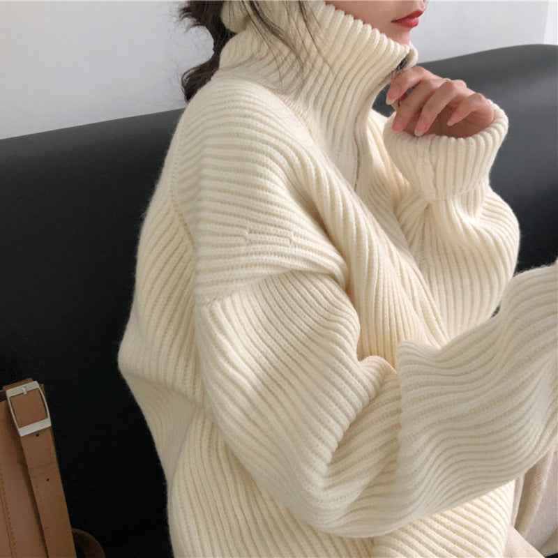 Loose French Style Large Lapel Zipper Sweater For Women