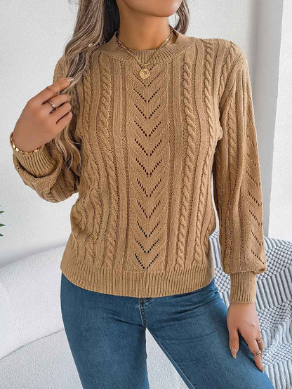 Women Casual Solid Color Hollow Out Lantern Sleeve Pullover Sweater