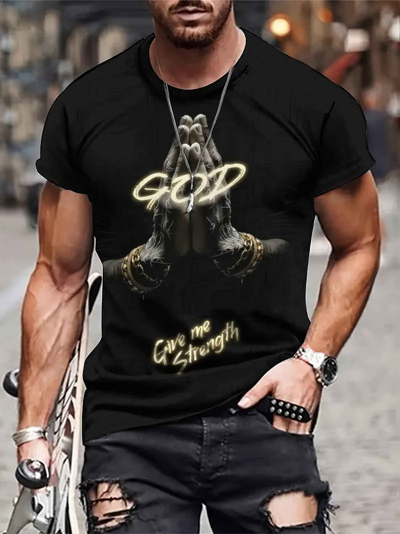 Men's 'God Gives Me Strength' 3D Print T-Shirt - Plus Size Casual Summer Tee