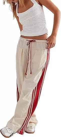 Pants With Extended Length, Contrasting Drawstring, Harem Street Style, Loose Casual Fit, With Thin Side Stripes