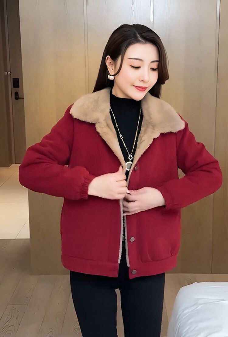 Corduroy Loose Fleece-lined Warm Jacket For Women