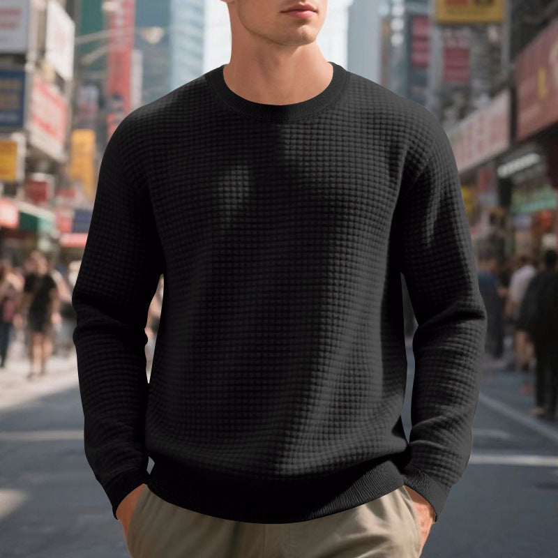 Men's Loose Simple Sports Jacquard Round Neck Sweater - Long Sleeve Athletic Top