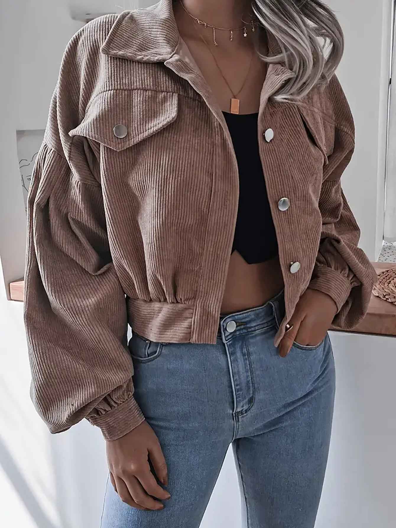 Lantern Sleeve Corduroy Casual Short Jacket