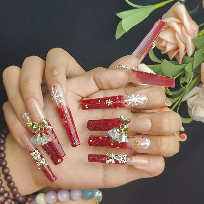 GGddsha Long Handmade PMMA Acrylic Nails Red WithSnowflake Rhinestone Bell Design Reusable Full CoverageFalse Nail Ladies False Nail Set,Lumiere Neige - DropOnline.co