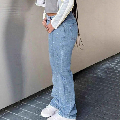Elegant Elegant Party Rhinestone Women Wide-leg Jeans