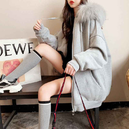 Plus Size Fleece-lined Thicker Hooded Cardigan Sweater Loose Design