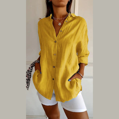Women's Lapel Long Sleeve Shirt - Single-Breasted Pleated Button-Up - DropOnline.co