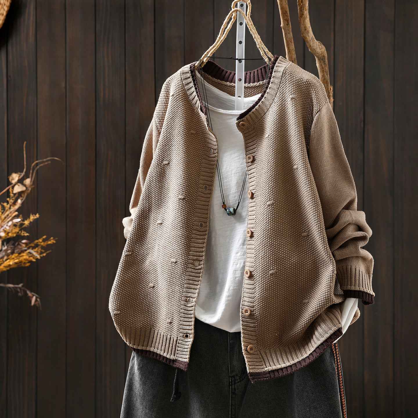 Women's Cardigan Sweater Coat Color Block Cotton Thread Knitting Retro Casual