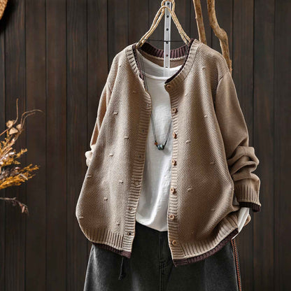 Women's Cardigan Sweater Coat Color Block Cotton Thread Knitting Retro Casual