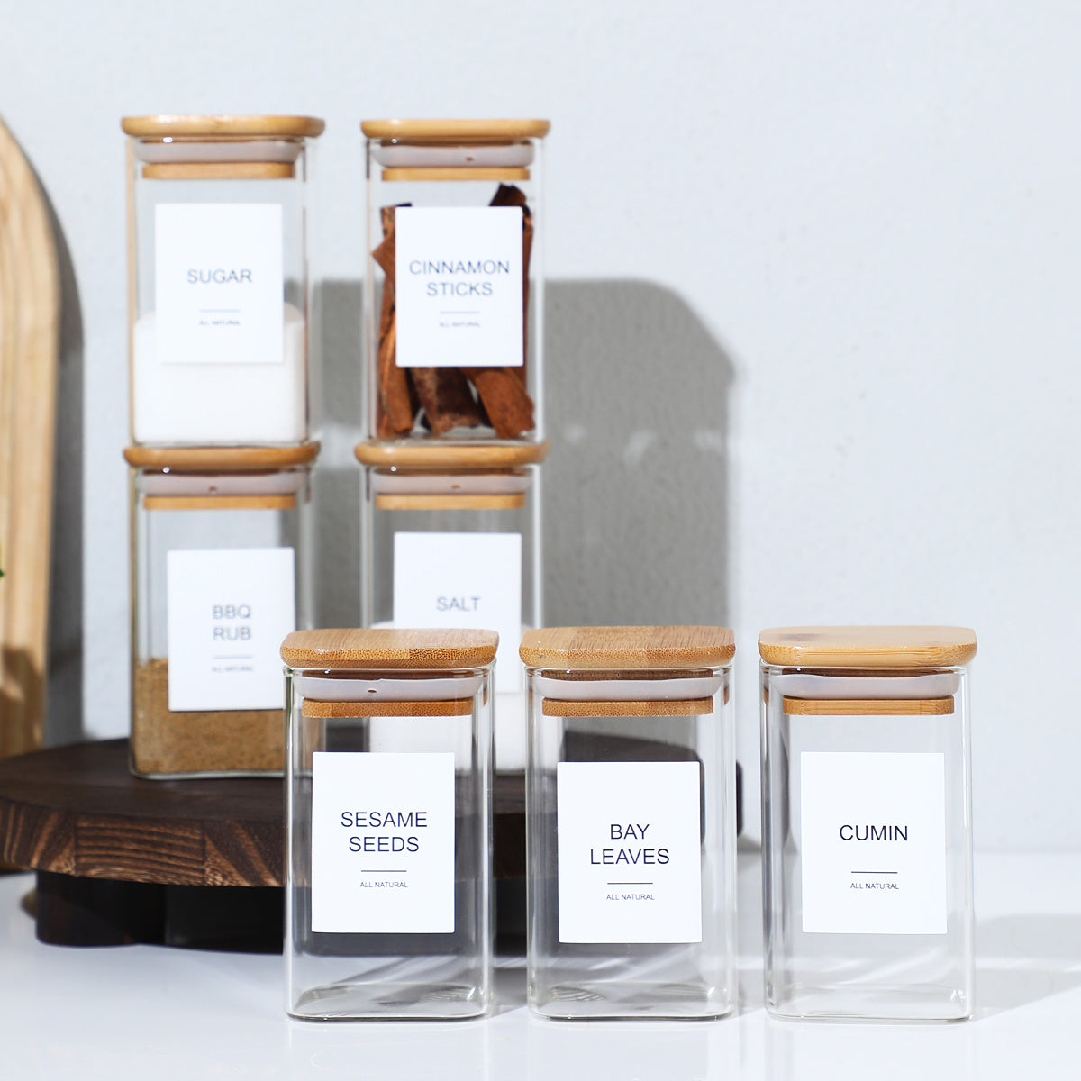 Square Spice Jars Set - 12 Piece with 72 Labels for Coffee, Tea & Kitchen Seasonings