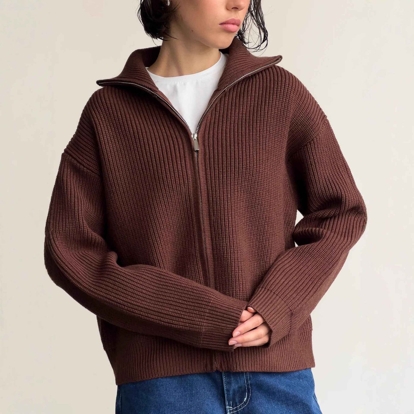 Women's Casual Knit Dual-zip Solid Color Sweater