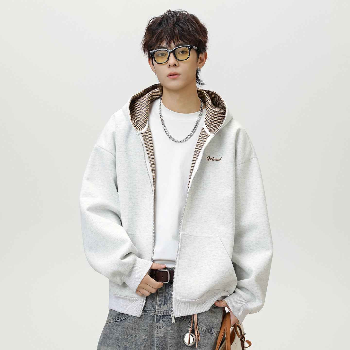 Houndstooth Contrast Color Inner Hooded Sweater Men's Autumn