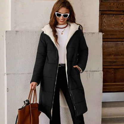 Solid Color Hooded Long Zip-up Cotton Coat