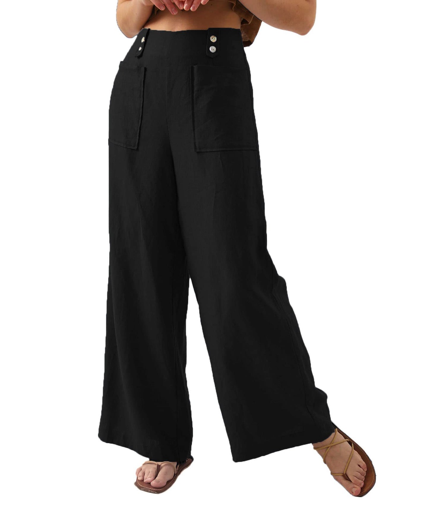 Solid Color Button High Waist Wide Leg Casual Pants Women