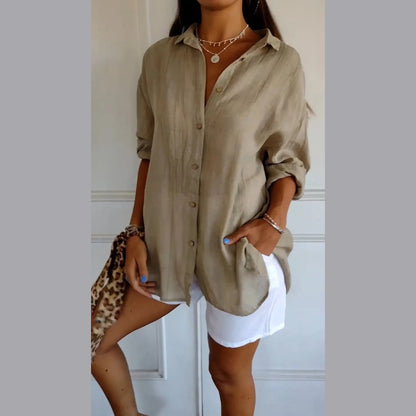 Women's Lapel Long Sleeve Shirt - Single-Breasted Pleated Button-Up - DropOnline.co