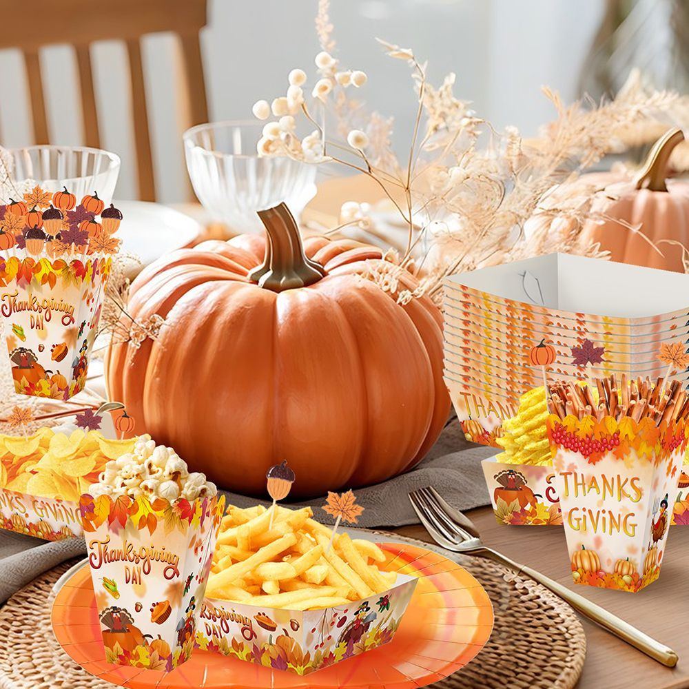 134 Pcs Thanksgiving Party Tableware Set - Pumpkin Plates, Popcorn Boxes & Fall Cocktail Picks
