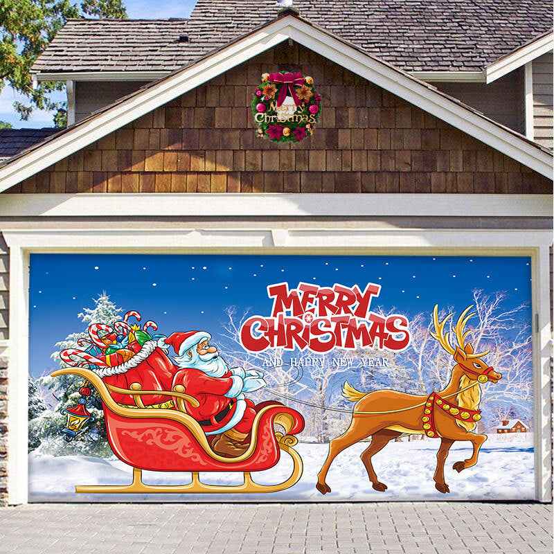 Christmas Garage Door Cover - Polyester Background Hanging Cloth Holiday Party Decoration - DropOnline.co