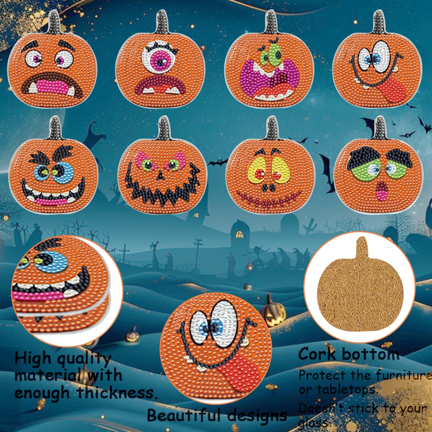 Halloween Rhinestone Art Coasters - 8 Pack Decorative Drink Coasters