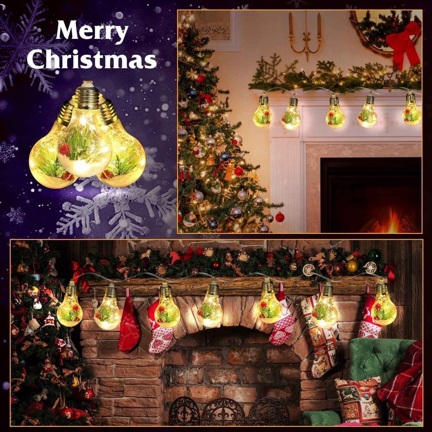 1Pc 13.78FT Christmas Snow Globe String Light Battery Powered 10 LED Bulbs Indoor Christmas Lights With Pine Needles Snowflakes Berries - DropOnline.co