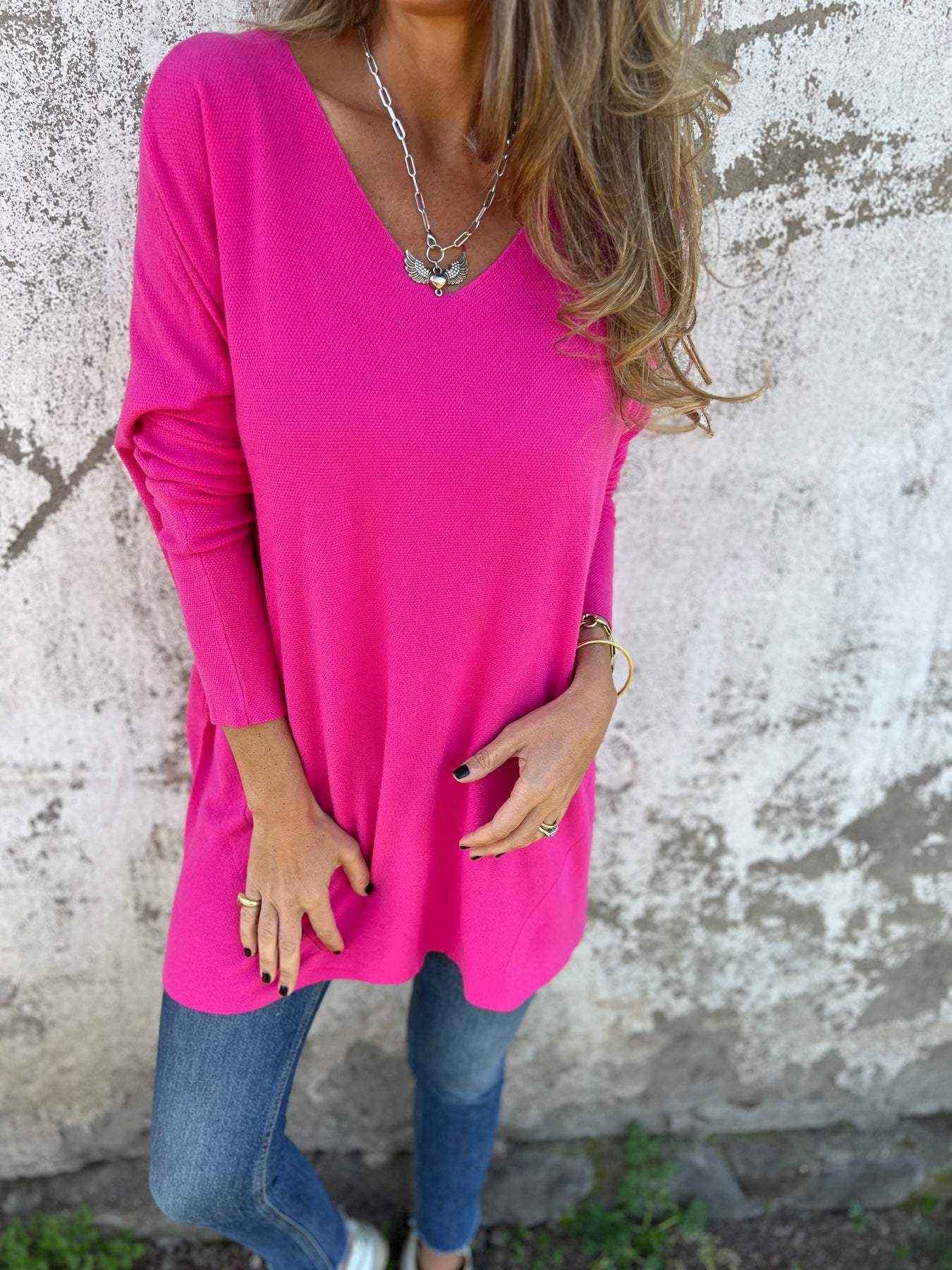 Solid Color V-neck Knitted Sweater Loose Top Women's Clothing